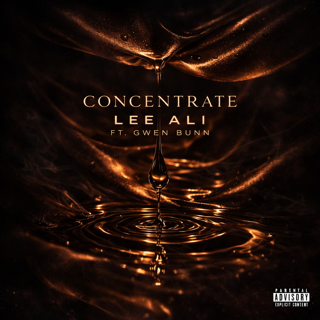 Concentrate single cover art by Lee Ali ft. Gwen Bunn, golden liquid droplet with ripples