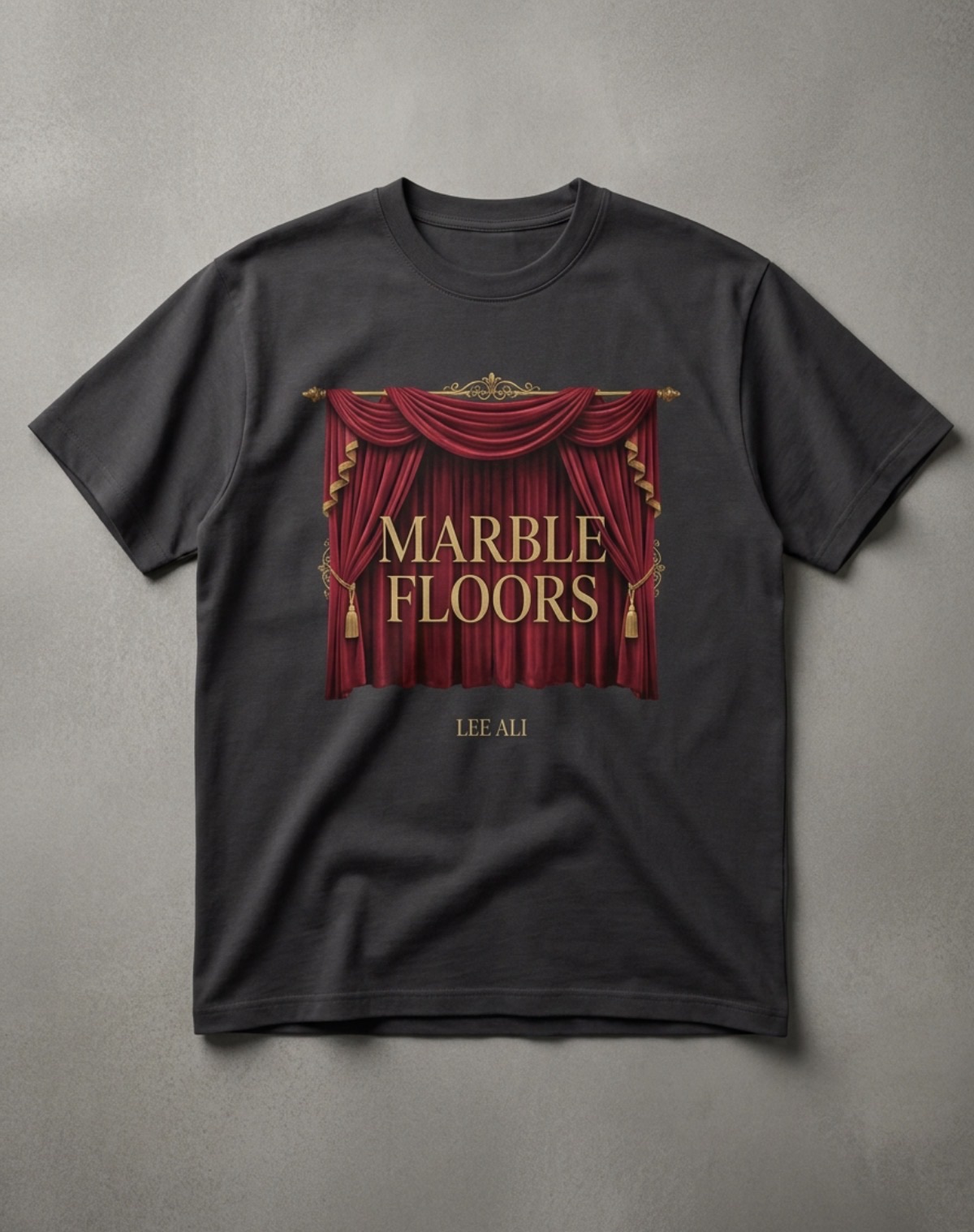 Red Curtain Tee, Marble Floors official merchandise by Lee Ali